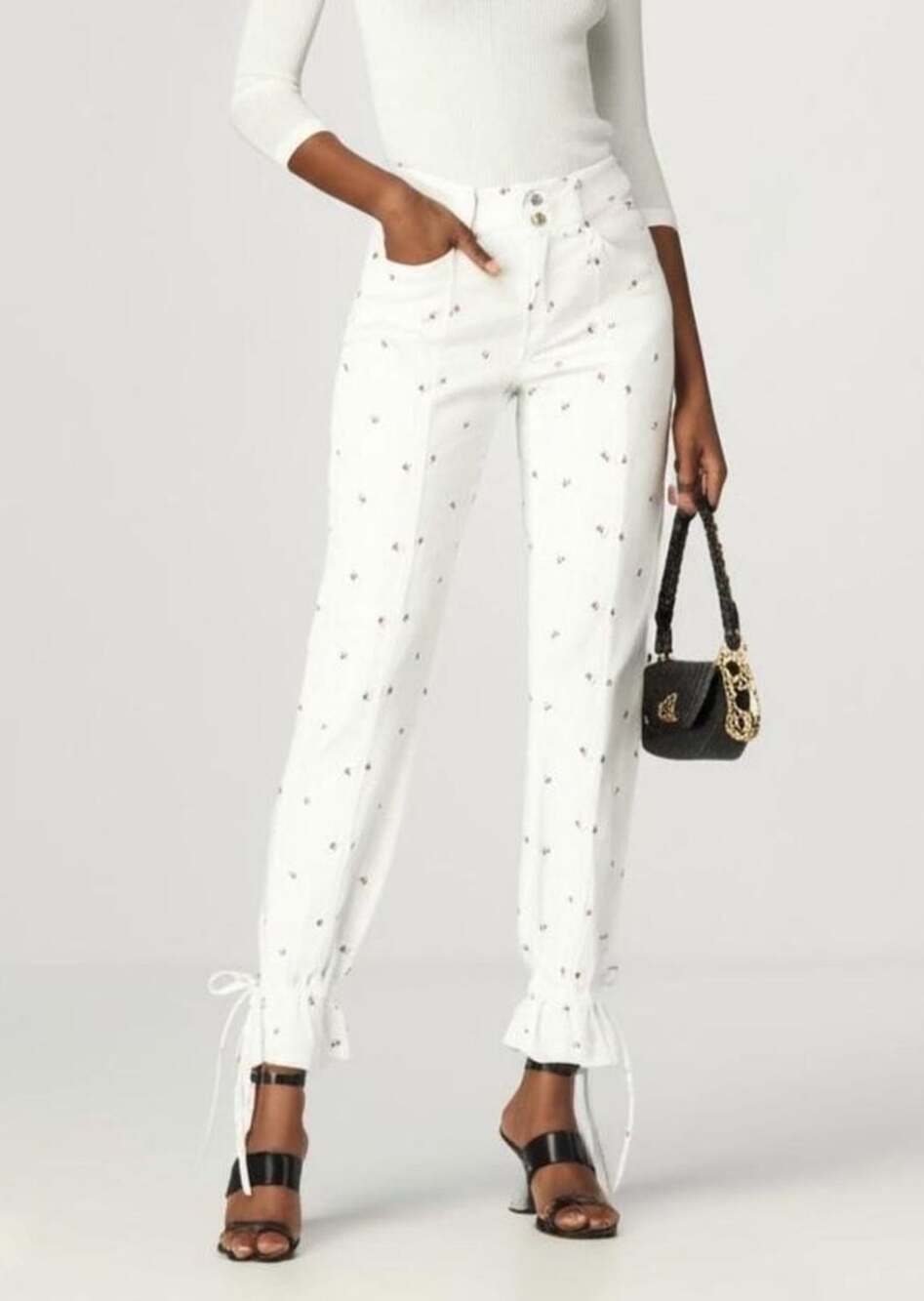 Something Navy Sylvia White Floral Embroidered Denim Pants with Tie Cuffs